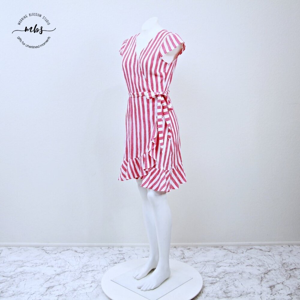 J. by J. Crew Short Sleeve Cotton Striped Wrap Ruffle Dress Red White Size S
